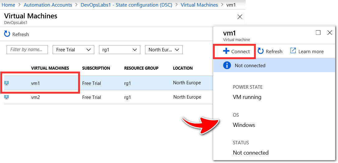 Screenshot of the Add Virtual Machines section inside the State Configuration DSC pane, within Azure Portal. The image illustrates how to connect an existing VM to the Automation Account. The first listed VM i.e. vm1 is highlighted to indicate the display element that is used for selecting a VM from the list. An inset overlay screenshot of the vm1 Connection Status pane is also shown. The + Connect button inside the vm1 Connection Status pane is highlighted to indicate the location of the button.